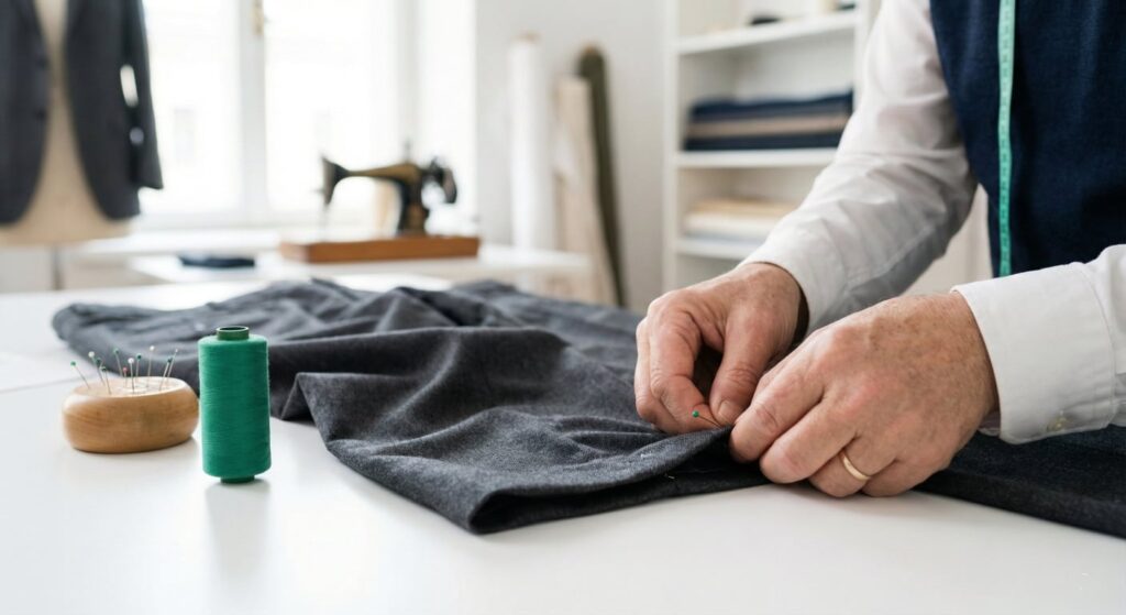 rofessional tailor performing trouser hemming and shortening on grey suit trousers.