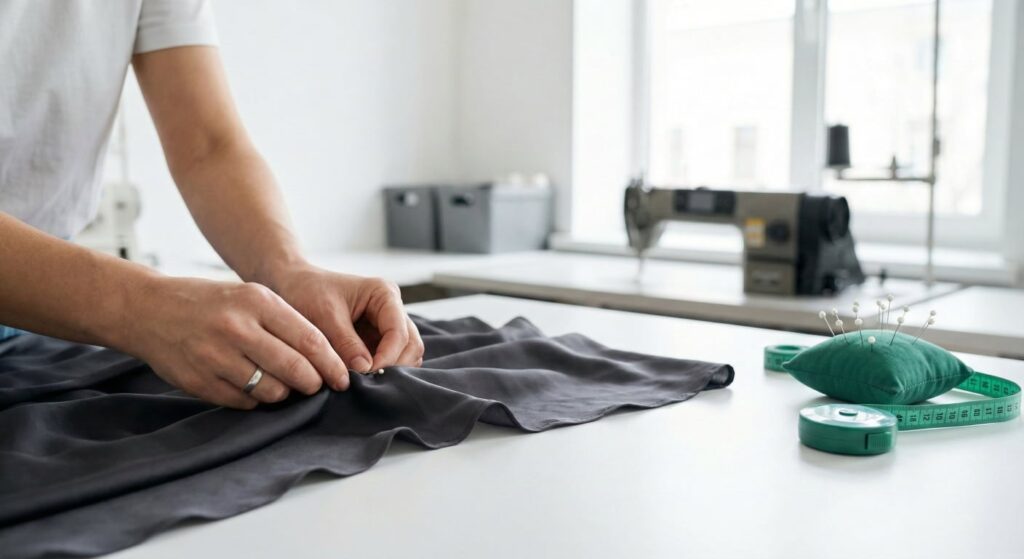 Professional tailor performing dress shortening and hemming on an elegant garment.