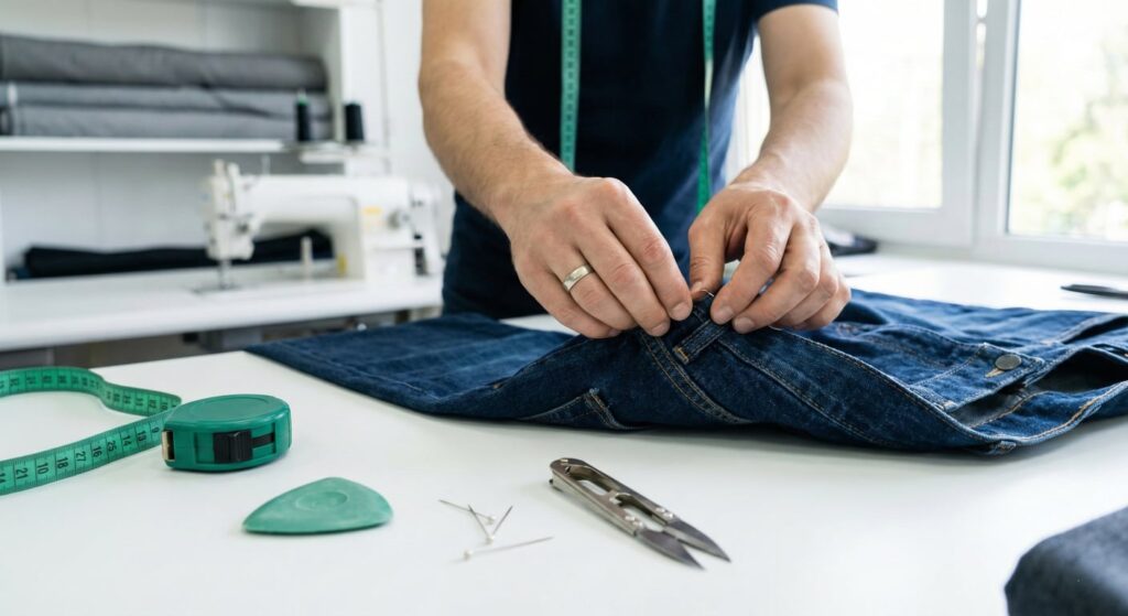 Professional tailor pinning a garment to perform a take in waist adjustment.