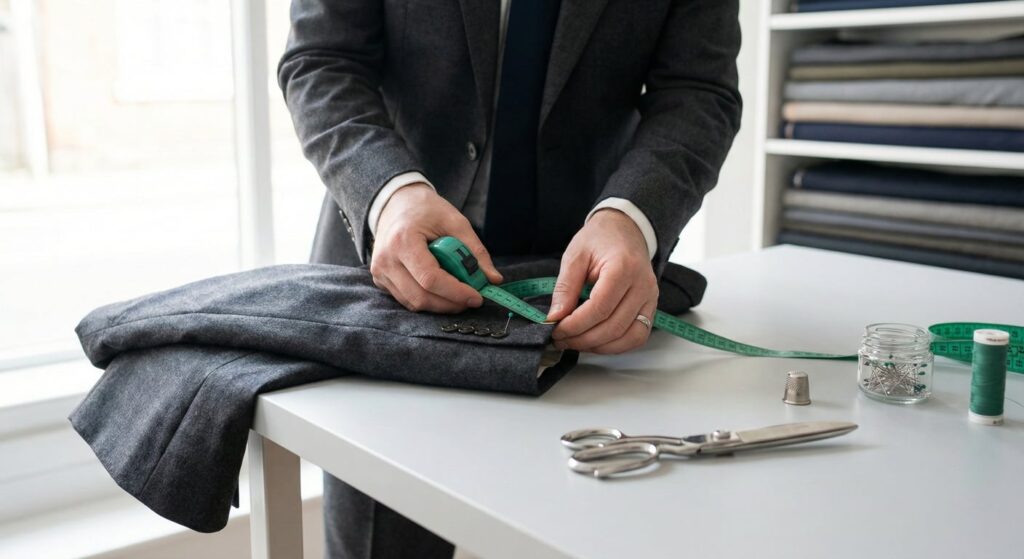 Professional tailor pinning a suit to perform jacket sleeve shortening.