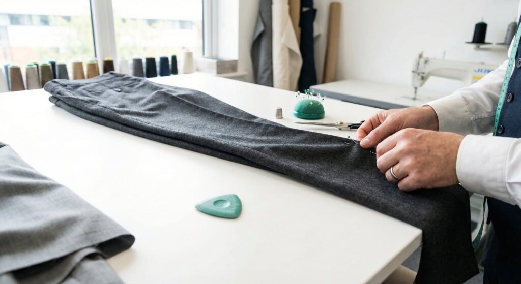 Professional tailor pinning the side seam of a garment for trouser tapering.