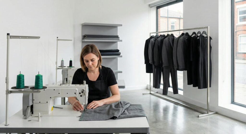 Professional UK tailor performing clothing alterations online.