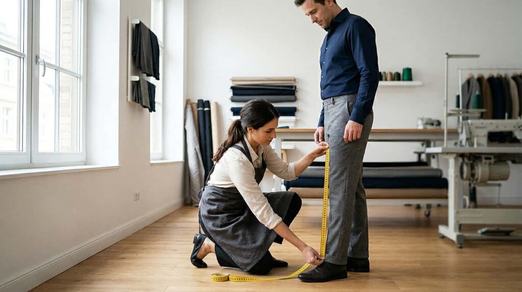 Professional tailor measuring trouser hem length on a customer in a bright studio