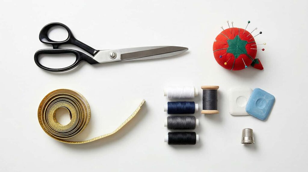 Essential tailoring tools including tape measure, scissors, pins, and thread