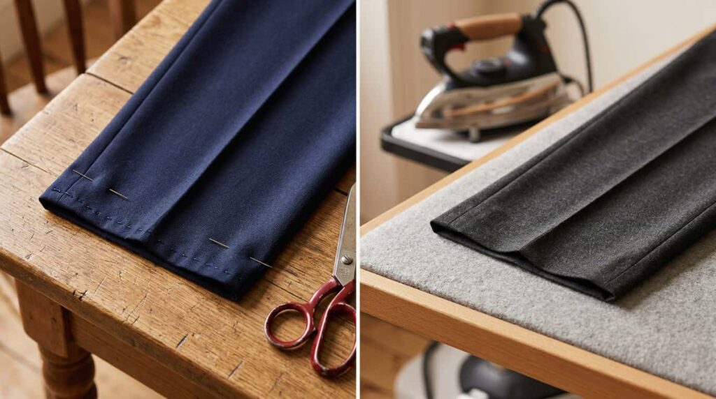 Comparison of a home-hemmed trouser leg versus a professionally hemmed trouser leg