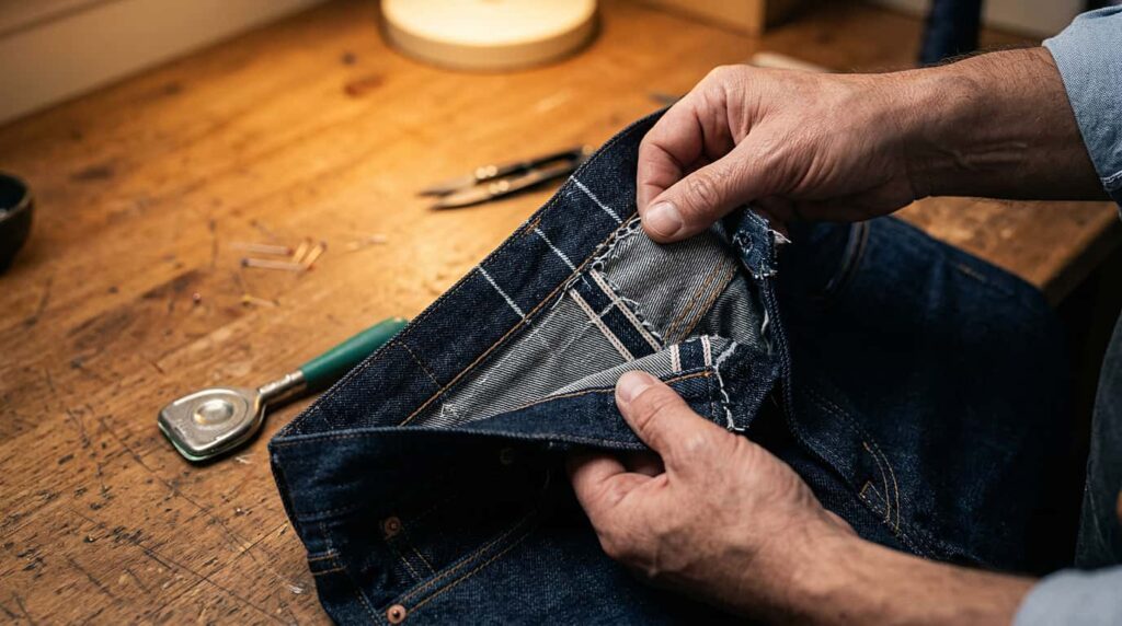 Close-up of jeans waistband being deconstructed for a waist alteration by a tailor
