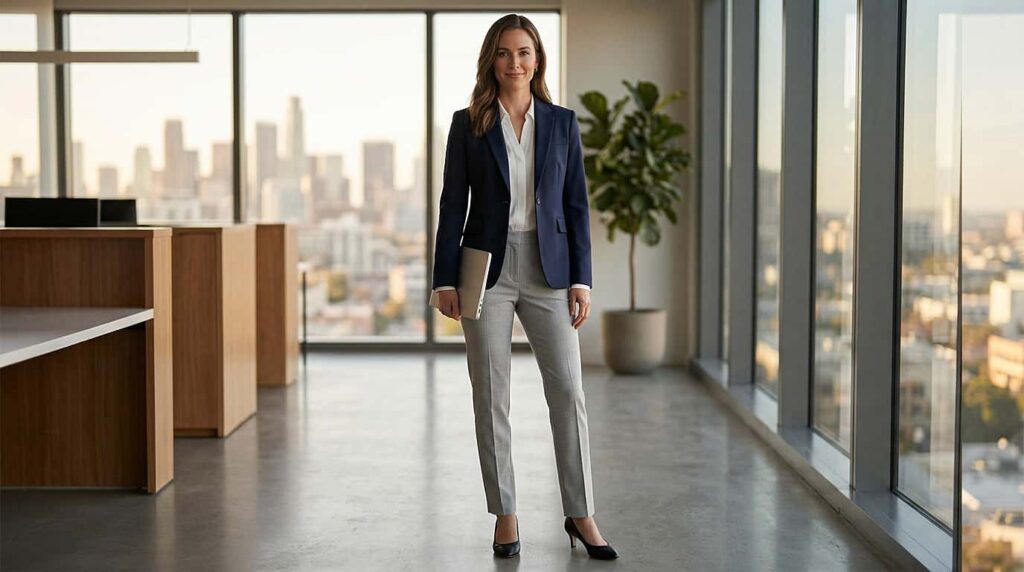 Woman wearing well-fitted, professionally tailored trousers and blazer in a modern office