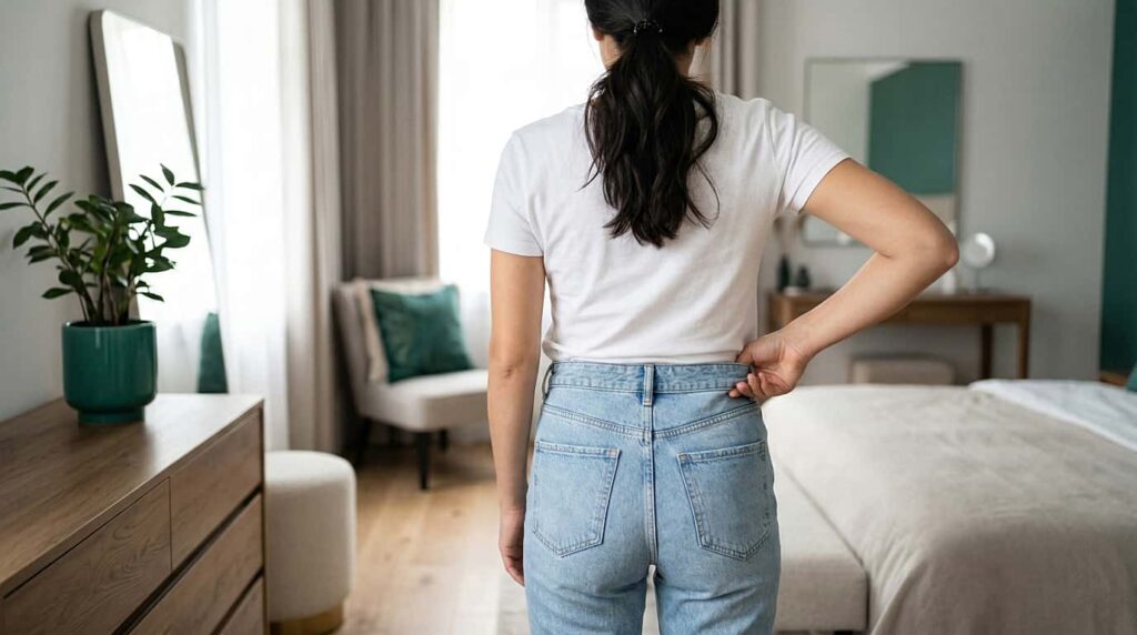 Person pinching the waist gap on jeans before sending the Tailoring Item for alteration.