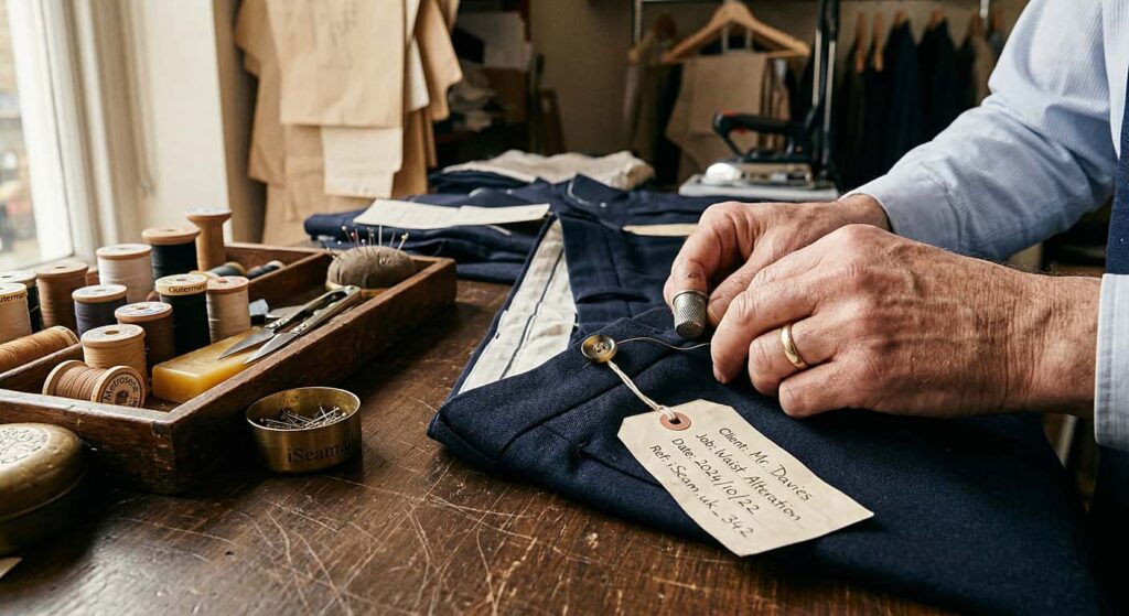 Tailor's hands unpicking a denim Tailoring Item waistband for a waist reduction.